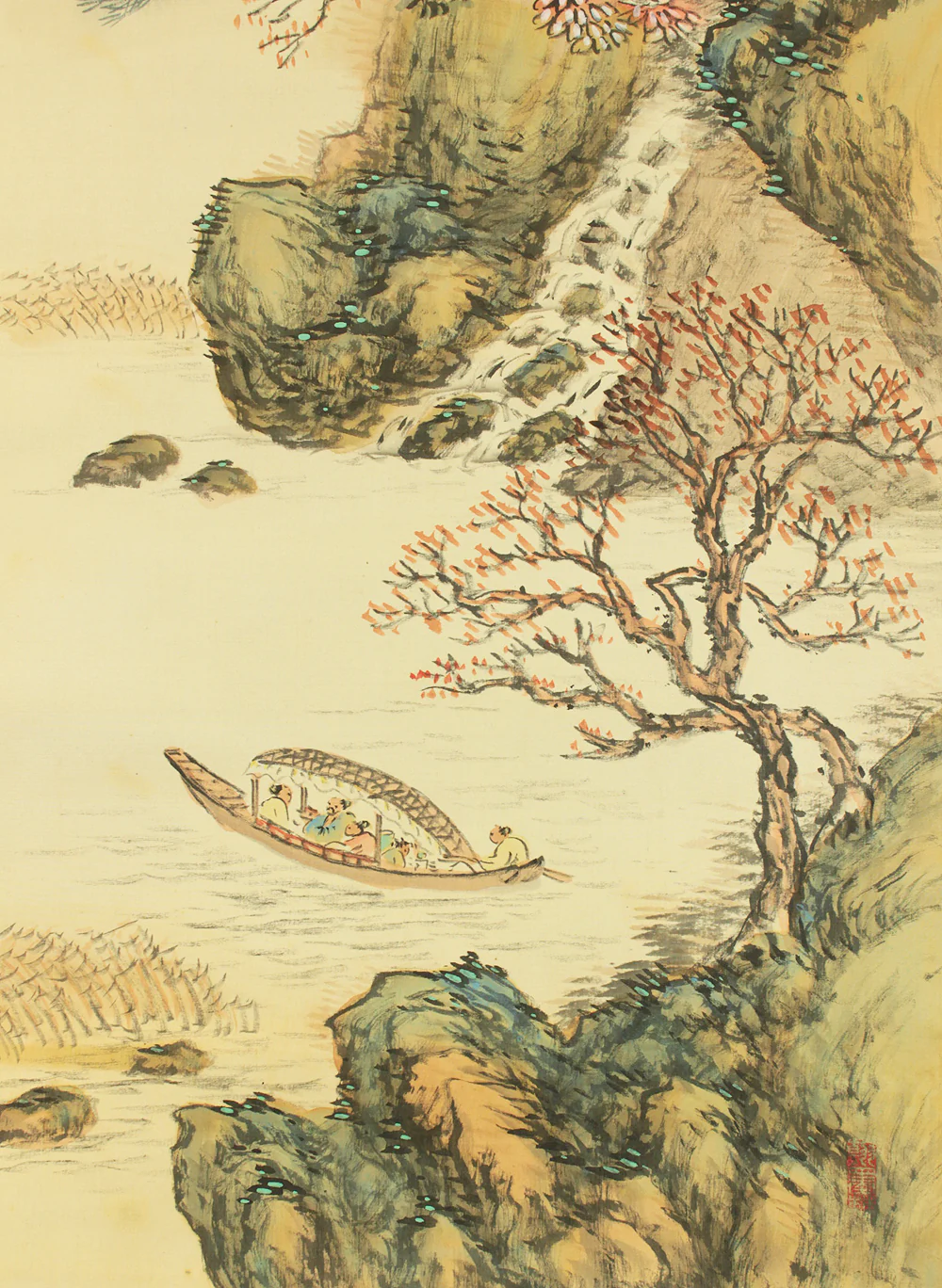 高須白雲 Takasu Hakuun (b1900) Japanese art kakejiku kakemono wall hanging scroll / 赤壁山水 Red Cliff Landscape - Sightseeing Boat under Moon and Cliff with Box RD327 - Image 20