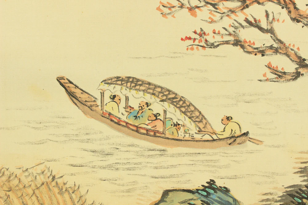高須白雲 Takasu Hakuun (b1900) Japanese art kakejiku kakemono wall hanging scroll / 赤壁山水 Red Cliff Landscape - Sightseeing Boat under Moon and Cliff with Box RD327 - Image 22