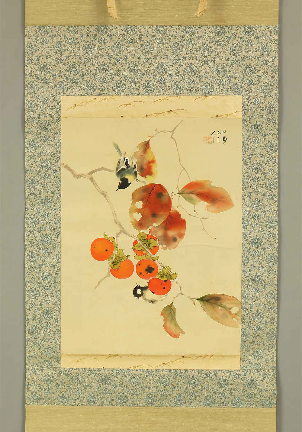 竹内栖鳳 Takeuchi Seiho (1864-1942) Japanese art kakejiku kakemono wall hanging scroll / Persimmons and Two Little Birds with Box RE349