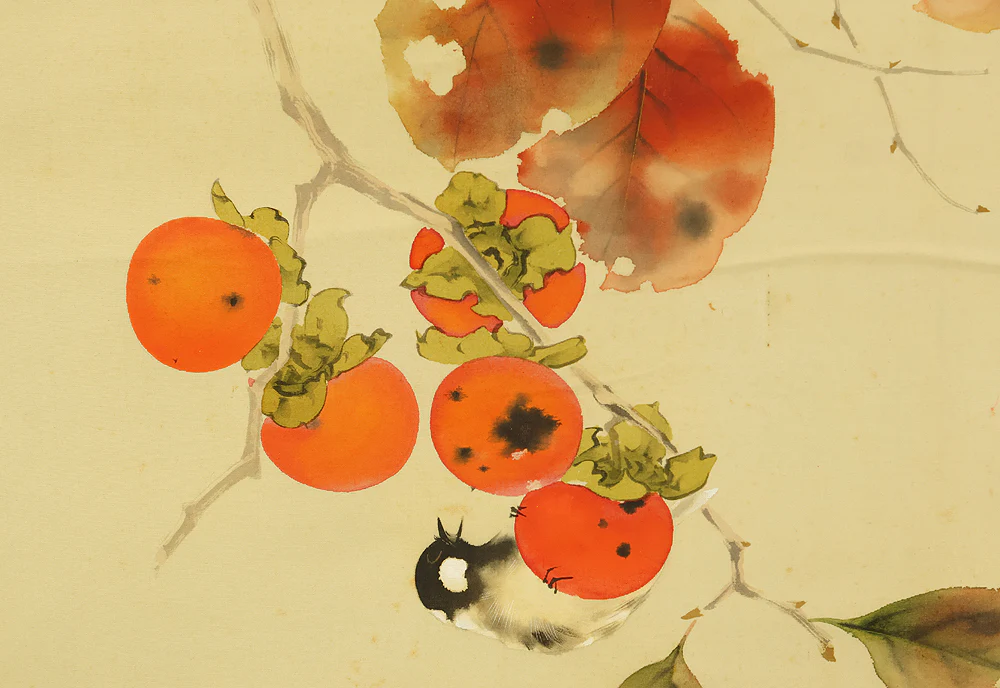 竹内栖鳳 Takeuchi Seiho (1864-1942) Japanese art kakejiku kakemono wall hanging scroll / Persimmons and Two Little Birds with Box RE349 - Image 9