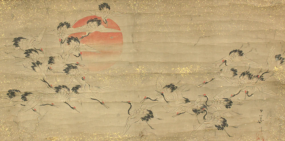 田中日華 Tanaka Nikka (?-1845) Japanese antique art kakejiku kakemono wall hanging scroll / Gold Leaf - Rising Sun and Flock of Cranes 千羽鶴之図 with Box RC847 - Image 4