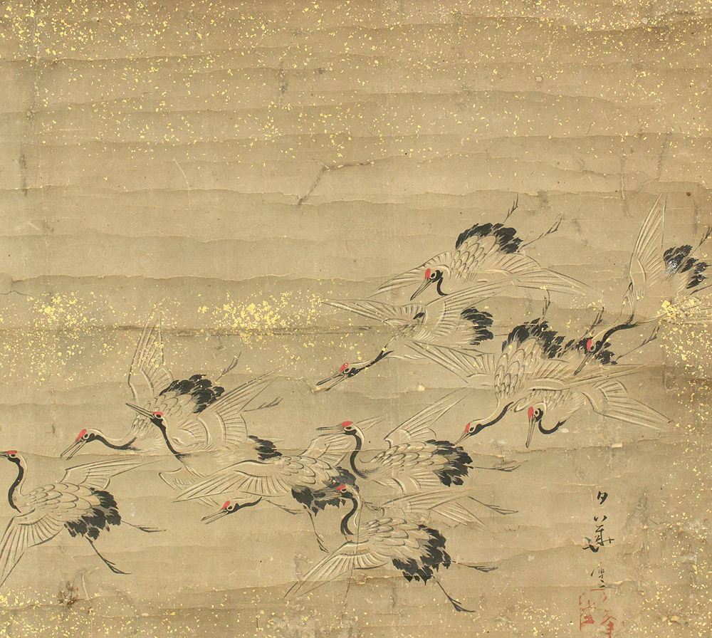 田中日華 Tanaka Nikka (?-1845) Japanese antique art kakejiku kakemono wall hanging scroll / Gold Leaf - Rising Sun and Flock of Cranes 千羽鶴之図 with Box RC847 - Image 9