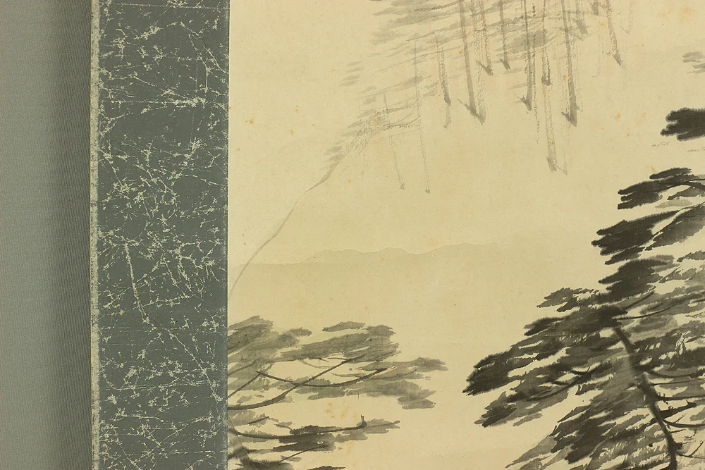 田中頼璋 Tanaka Raisho (1868-1940) Japanese art kakejiku kakemono wall hanging scroll / Mountains, River, Pine Trees, Landscapes Angler Crossing Bridge RC729 - Image 15