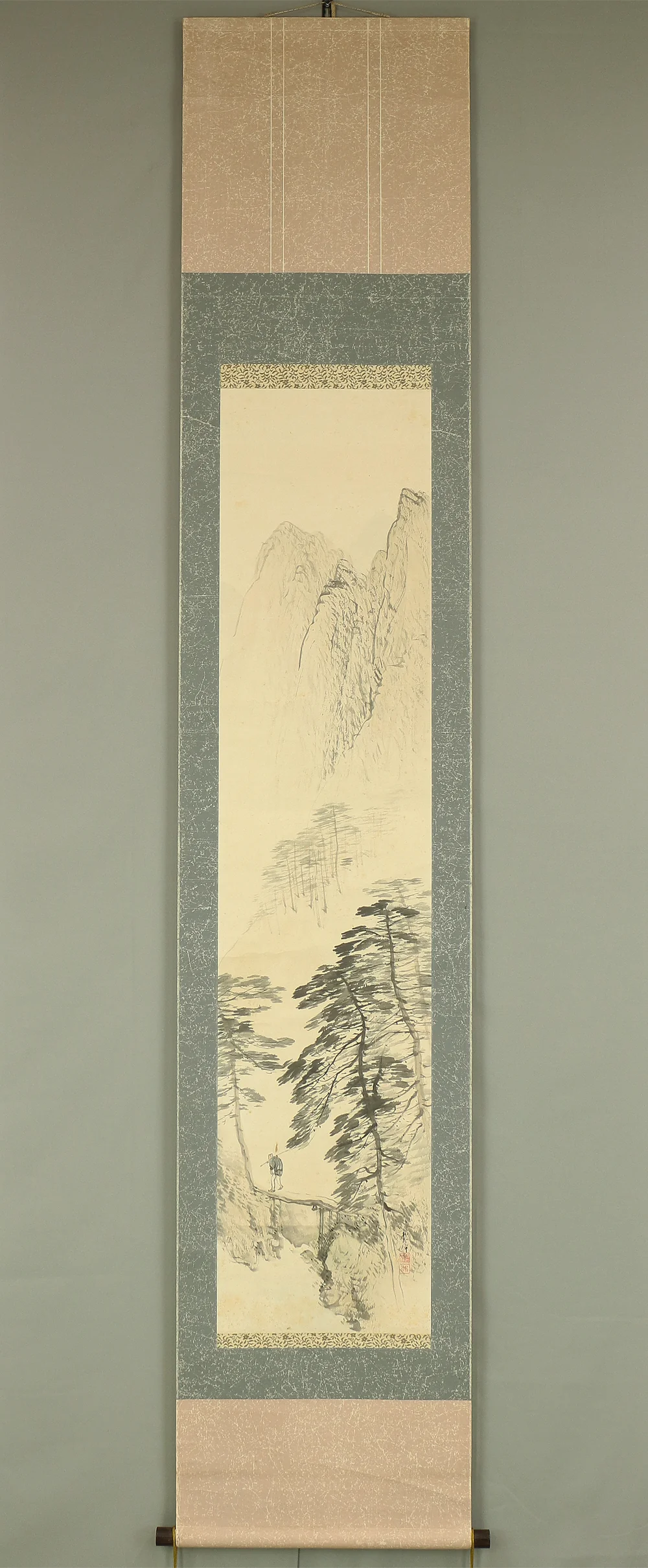 田中頼璋 Tanaka Raisho (1868-1940) Japanese art kakejiku kakemono wall hanging scroll / Mountains, River, Pine Trees, Landscapes Angler Crossing Bridge RC729 - Image 2