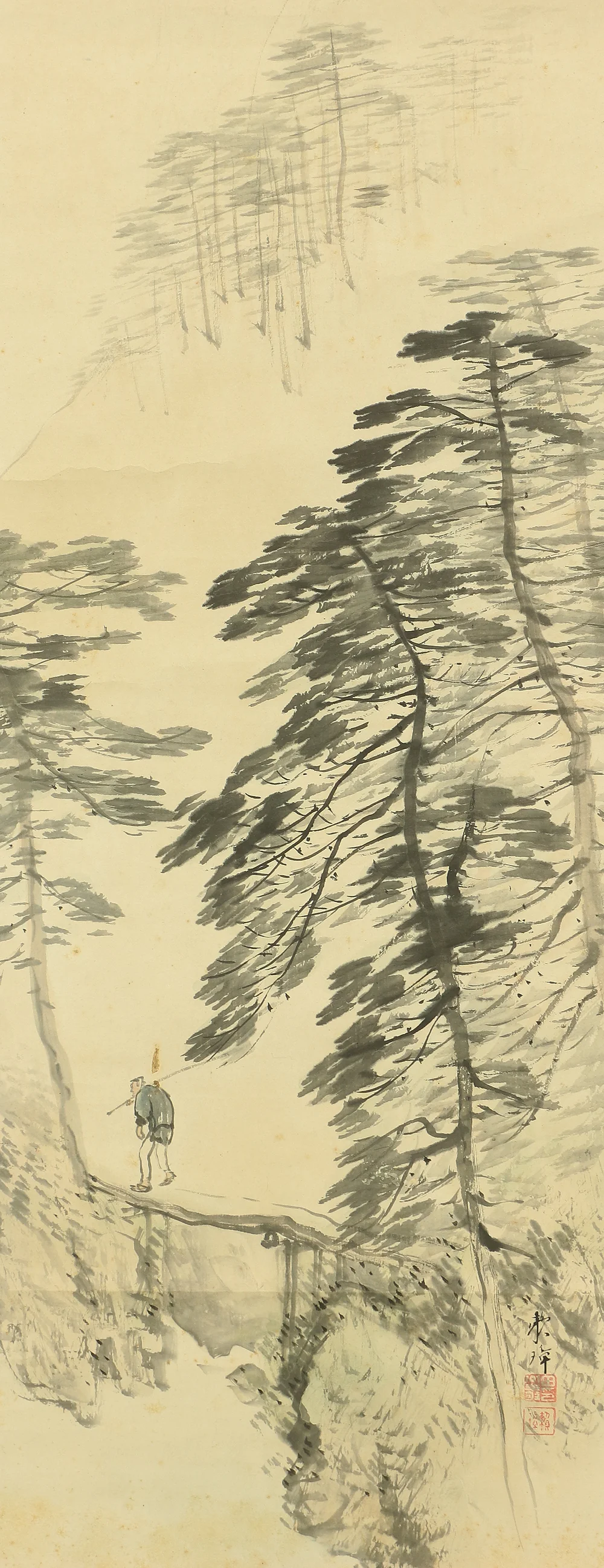 田中頼璋 Tanaka Raisho (1868-1940) Japanese art kakejiku kakemono wall hanging scroll / Mountains, River, Pine Trees, Landscapes Angler Crossing Bridge RC729 - Image 8
