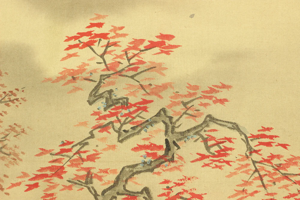 田中訥言 Tanaka Totsugen (1767-1823) Japanese antique art kakejiku kakemono wall hanging scroll / Autumn Sansui Landscapes Mountain River Waterfall Red Leaves RC528 - Image 11