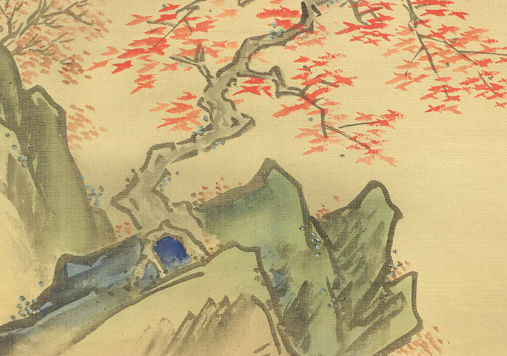田中訥言 Tanaka Totsugen (1767-1823) Japanese antique art kakejiku kakemono wall hanging scroll / Autumn Sansui Landscapes Mountain River Waterfall Red Leaves RC528 - Image 12