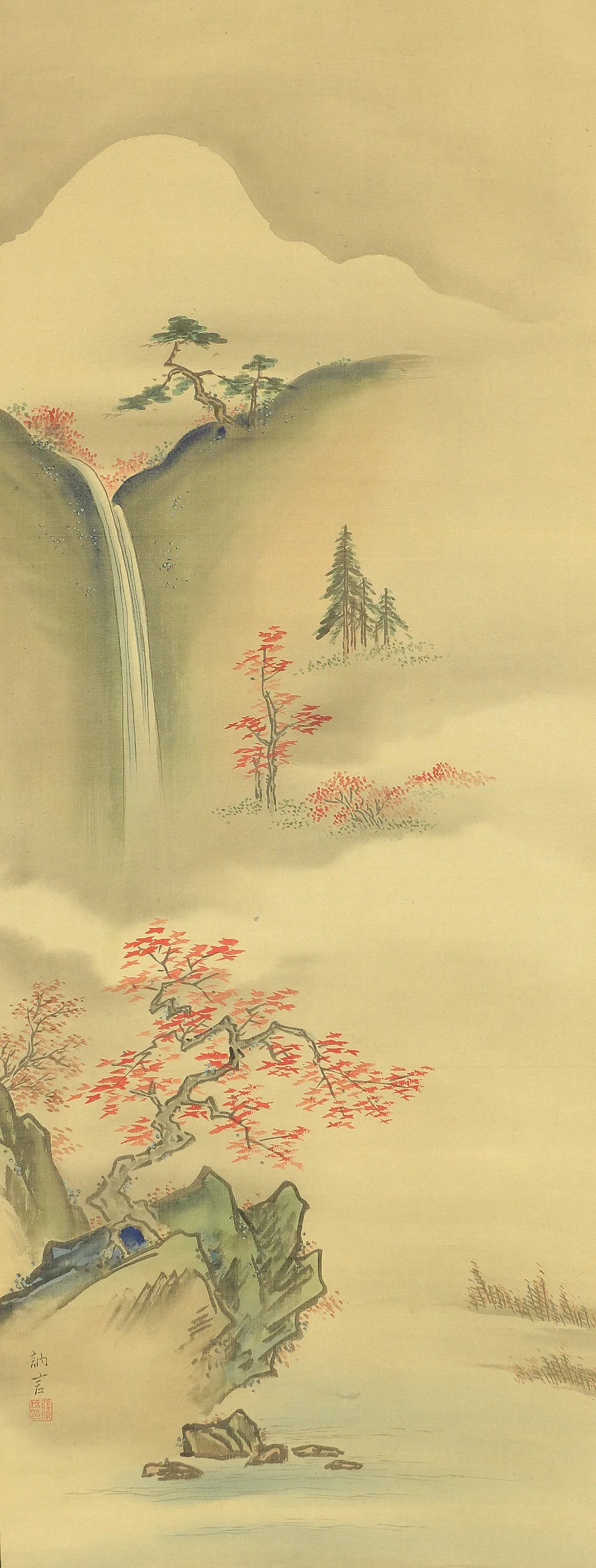 田中訥言 Tanaka Totsugen (1767-1823) Japanese antique art kakejiku kakemono wall hanging scroll / Autumn Sansui Landscapes Mountain River Waterfall Red Leaves RC528 - Image 4