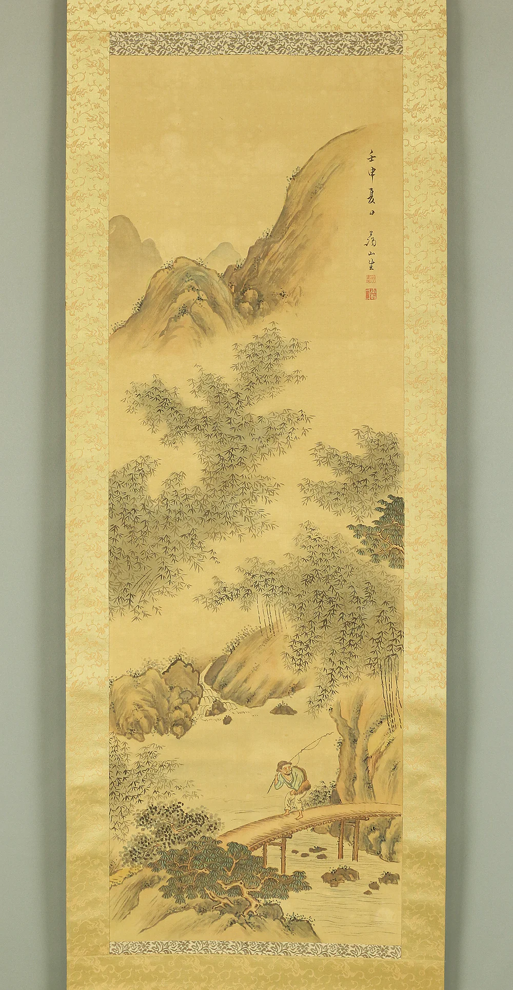 谷口藹山 Taniguchi Aizan (1816-1899) Japanese antique art kakejiku kakemono wall hanging scroll / Mountains, Bamboo Forests and Pine Trees, Anglers Crossing Bridges Sansui Landscape RB309
