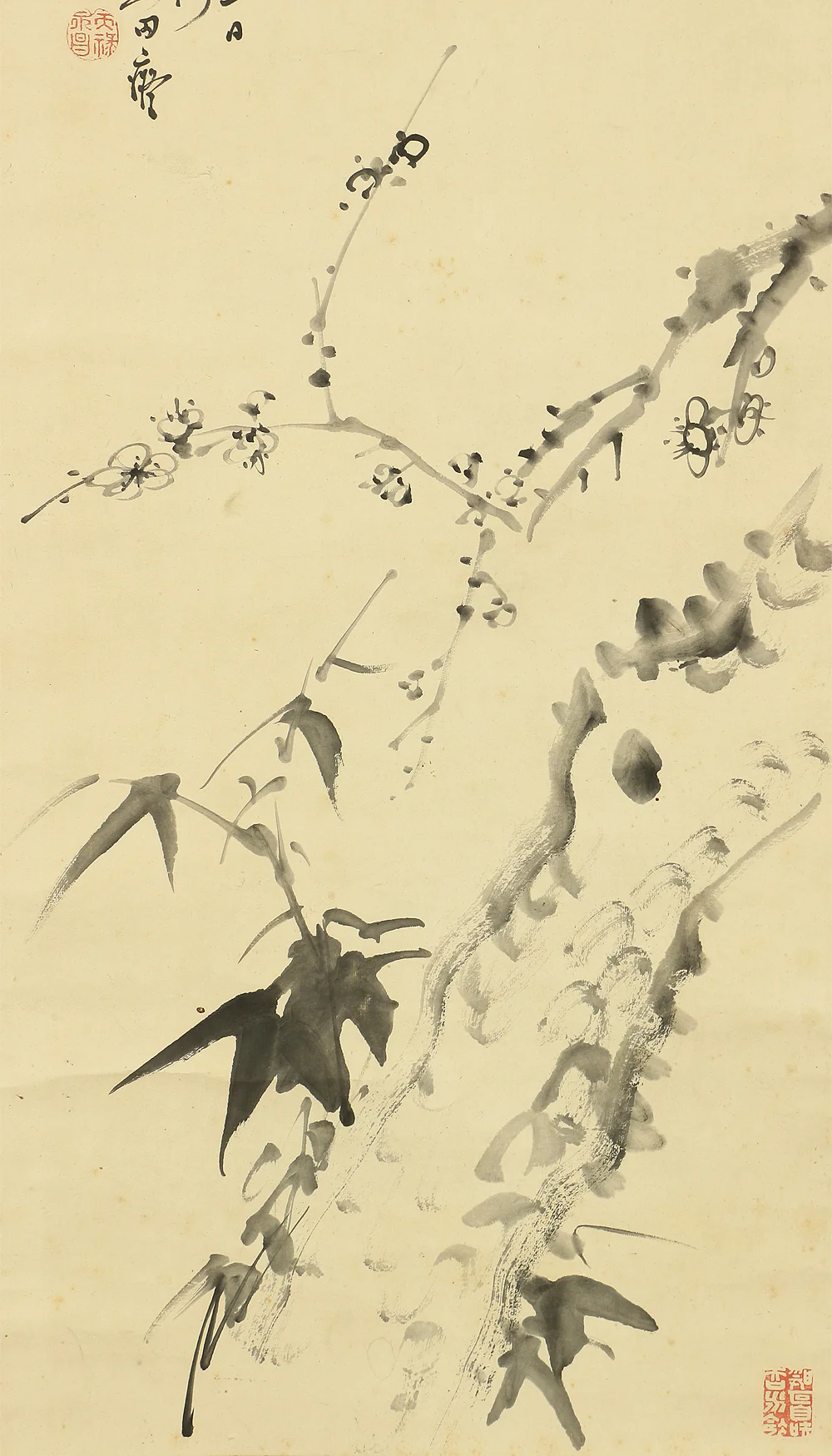 田能村直入Tanomura Chokunyu Japanese antique art kakejiku kakemono wall hanging scroll / Mt. Fuji, pine, bamboo & ume tree with Box W874 - Image 10