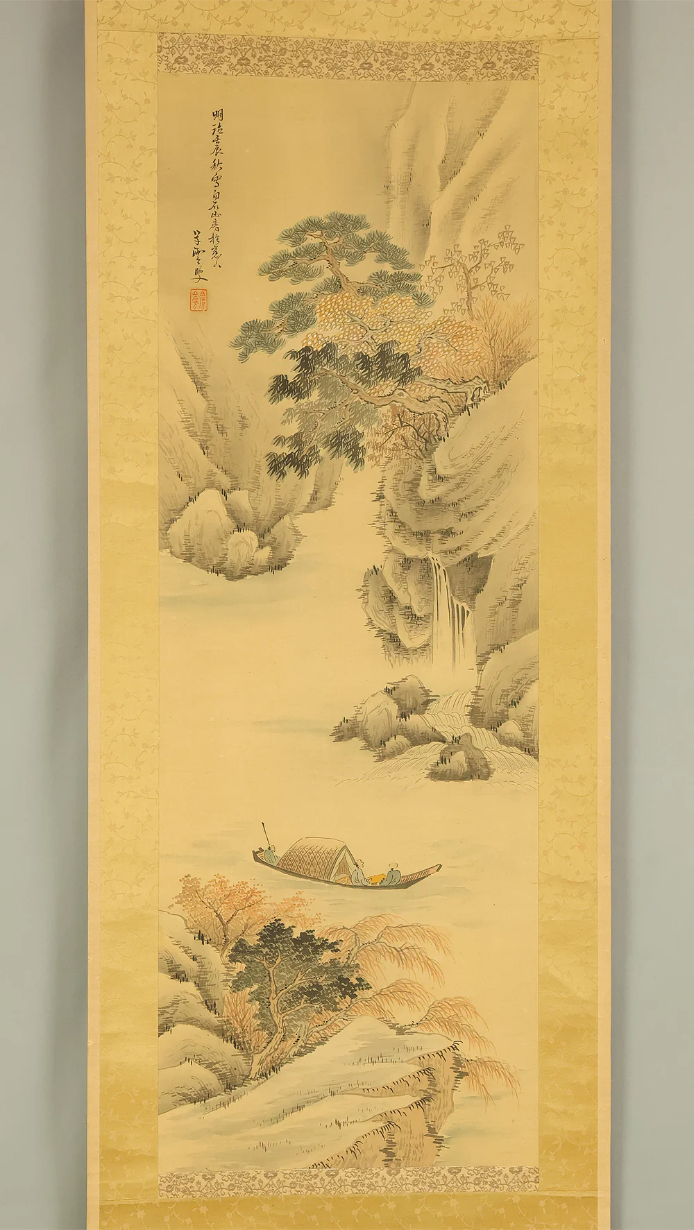 田崎草雲 Tazaki Soun (1815-1898) Japanese art kakejiku kakemono wall hanging scroll / 赤壁山水 Red Cliff Landscape - Boating and Cliff with Box RE241