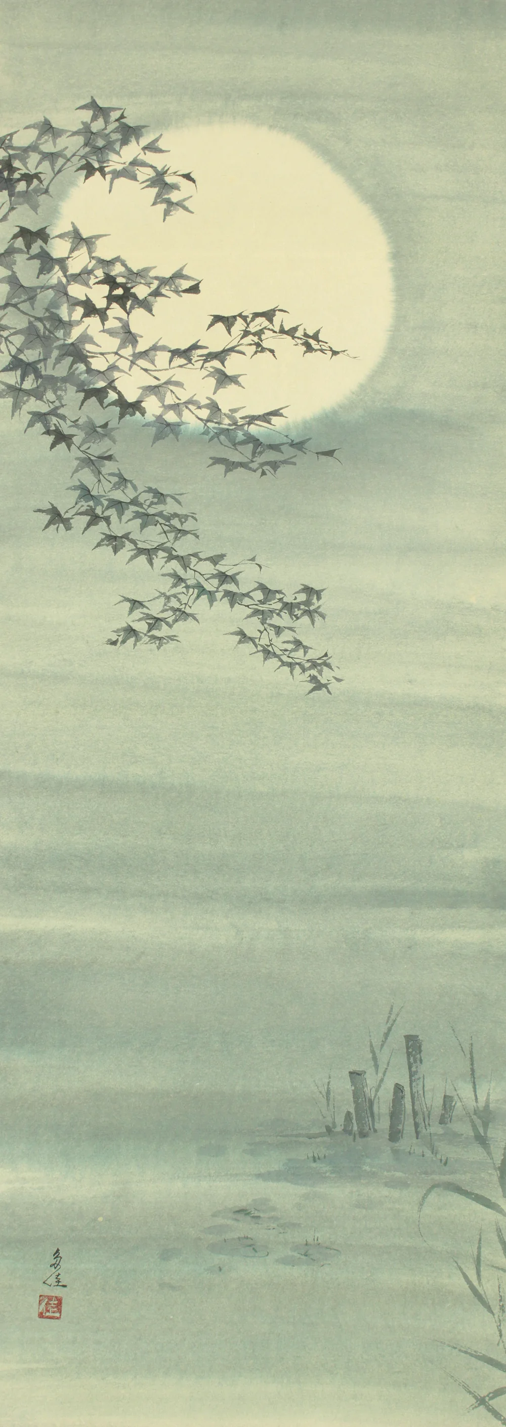 寺岡多佳 Teraoka Taka (b1944) Japanese art kakejiku kakemono wall hanging scroll / Hazy Moon and Lakeside Maples RD230 - Image 4