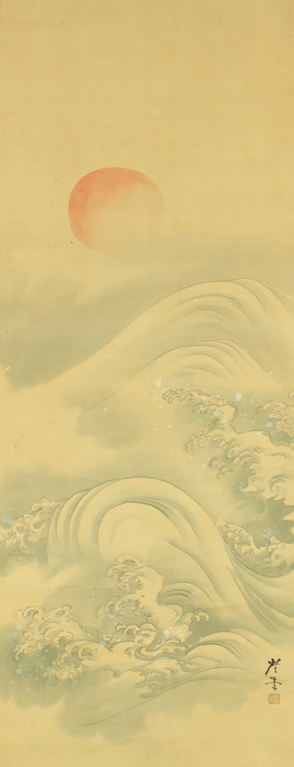 寺崎広業 Terasaki Kogyo (1866-1919) Japanese art Kakejiku Kakemono wall hanging scroll / Rising Sun and Waves RD603 - Image 4