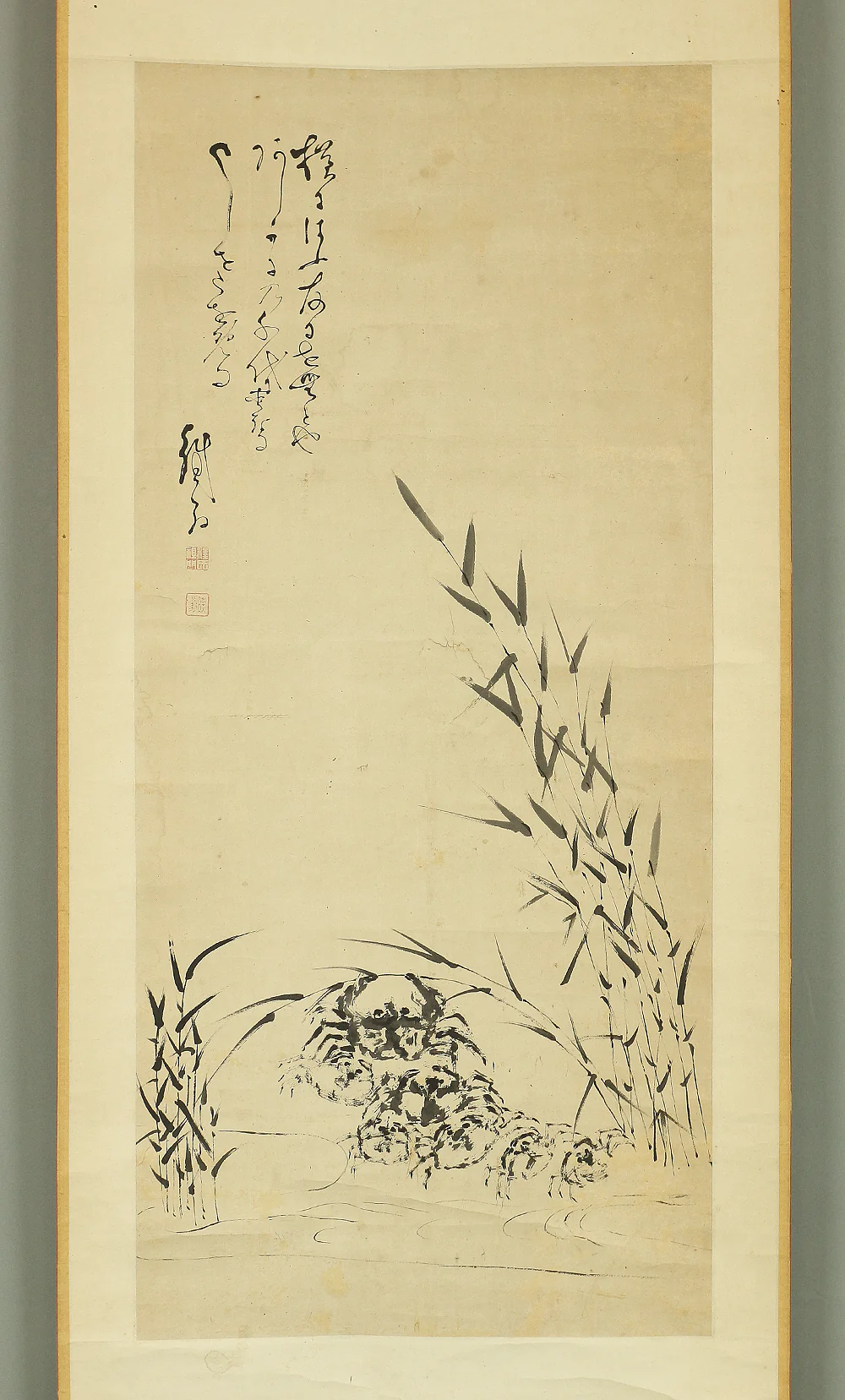 鉄翁祖門 Tetsuo Somon (1791-1872) Japanese antique art kakejiku kakemono wall hanging scroll / Waterside Five Crabs with Box A162 - Image 3