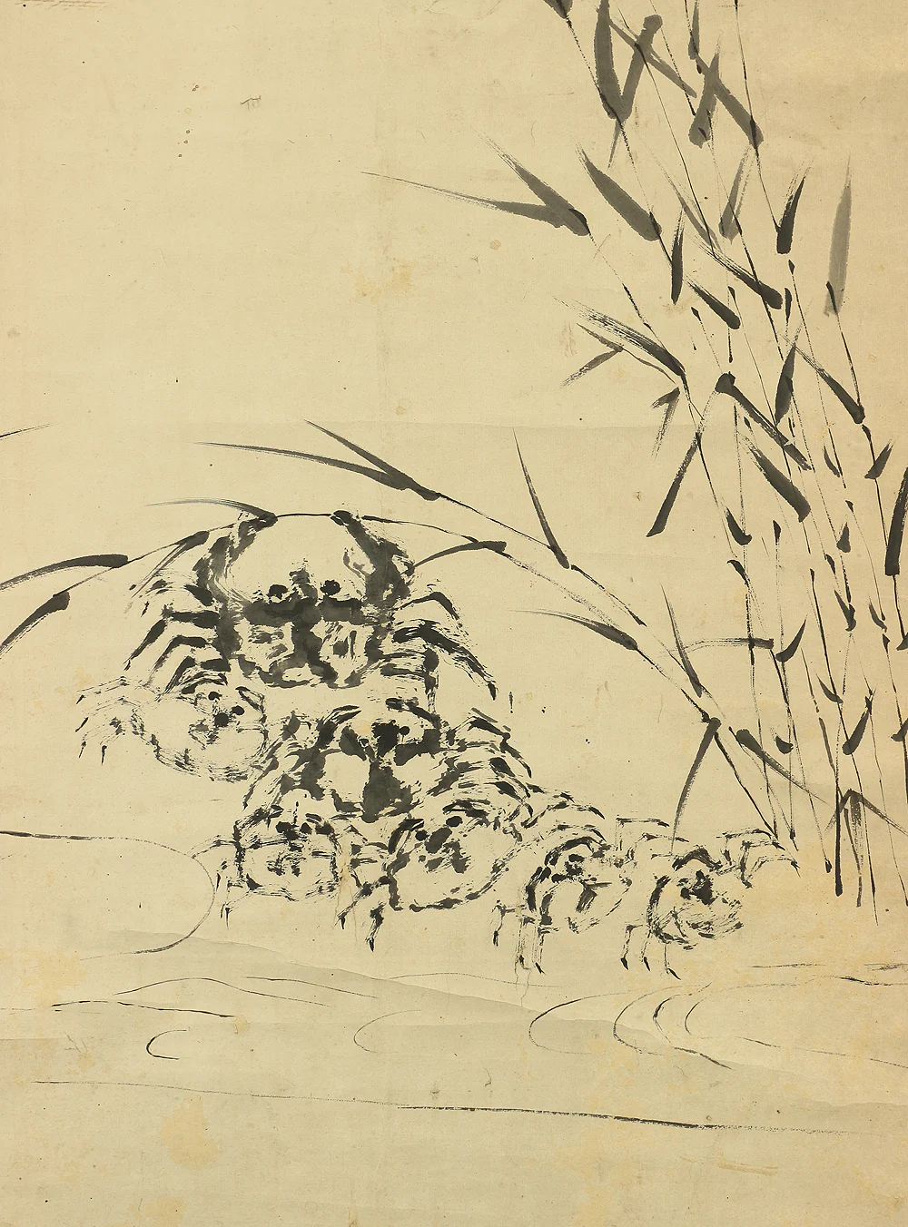 鉄翁祖門 Tetsuo Somon (1791-1872) Japanese antique art kakejiku kakemono wall hanging scroll / Waterside Five Crabs with Box A162 - Image 8