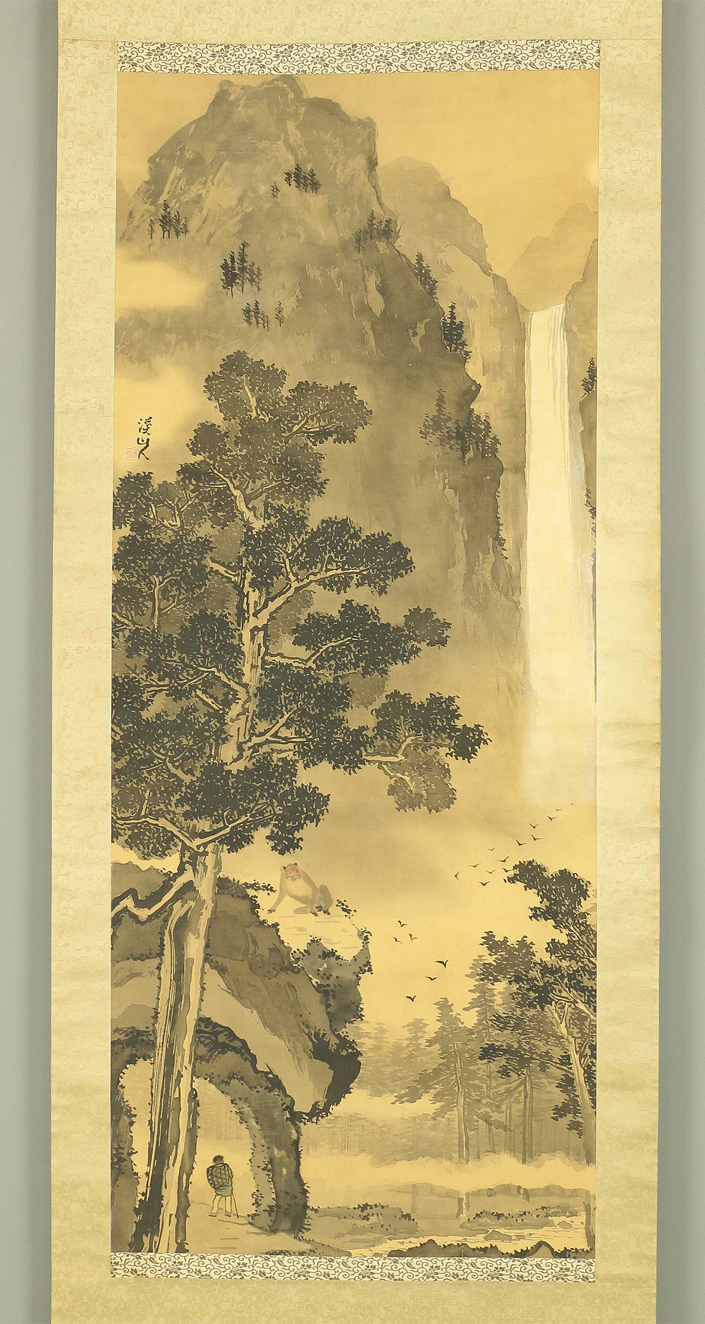 富田渓仙 Tomita Keisen (1879-1936) Japanese art kakejiku kakemono wall hanging scroll / Sansui Landscape Monkey and Person with Box RB382 - Image 3