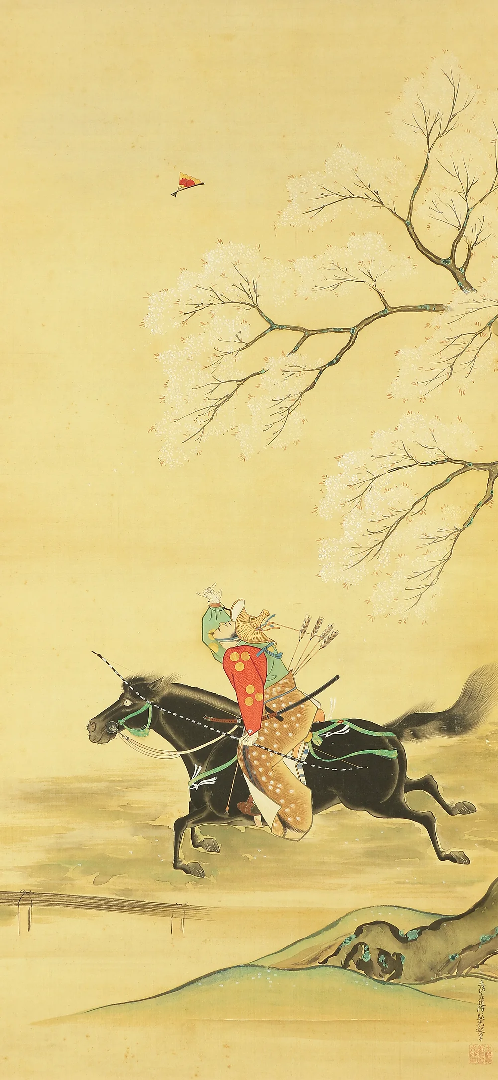 土佐光起 Tosa Mitsuoki (1617-1691) Japanese antique art kakejiku kakemono wall hanging scroll / Horseback Archery Target of Fan with Box RB594 - Image 5