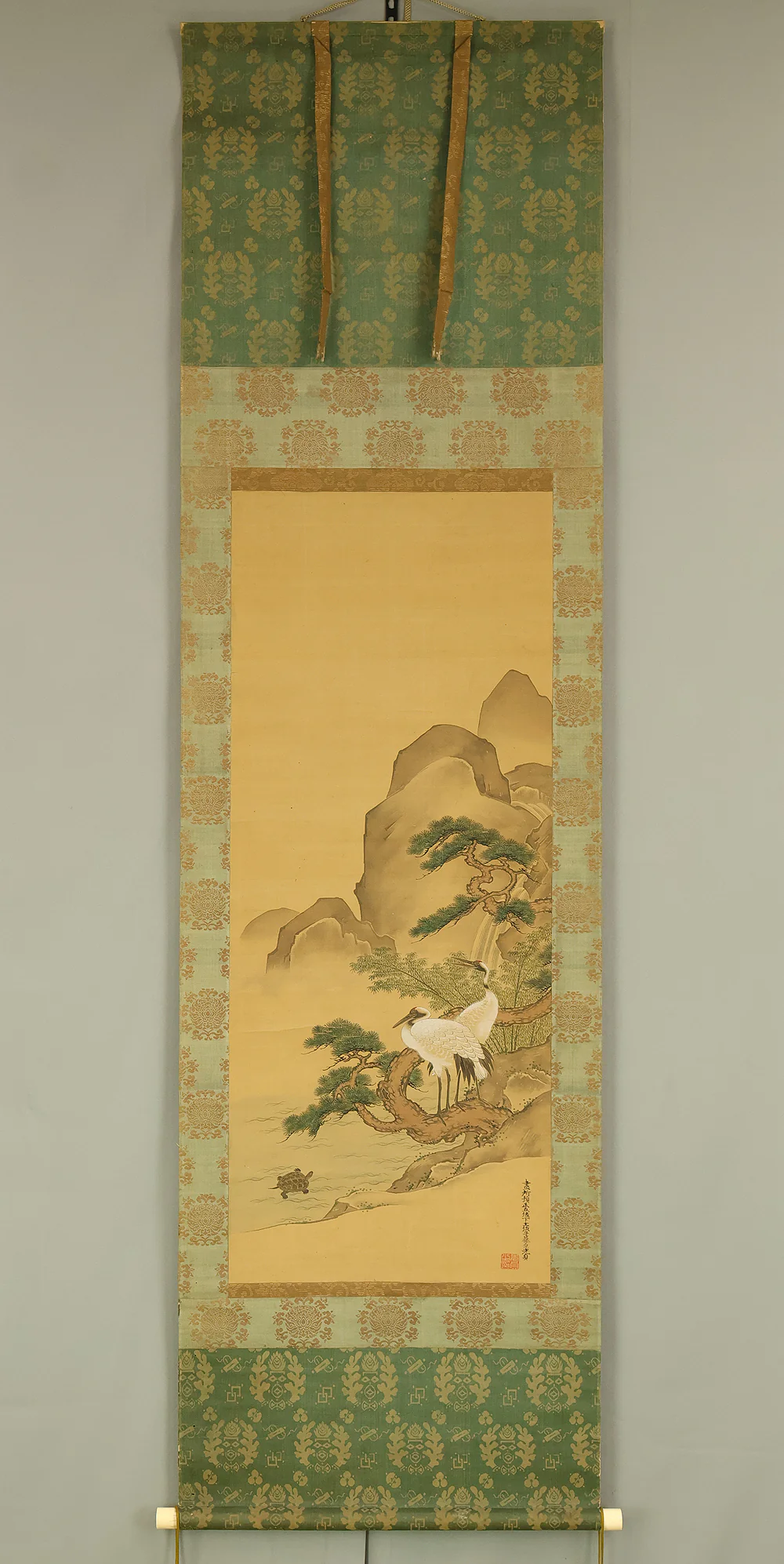 土佐光貞 Tosa Mitsusada (1738-1806) Japanese antique art kakejiku kakemono wall hanging scroll / Mount Horai Pine Tree, Cranes and Tortoise with Box RE227 - Image 2