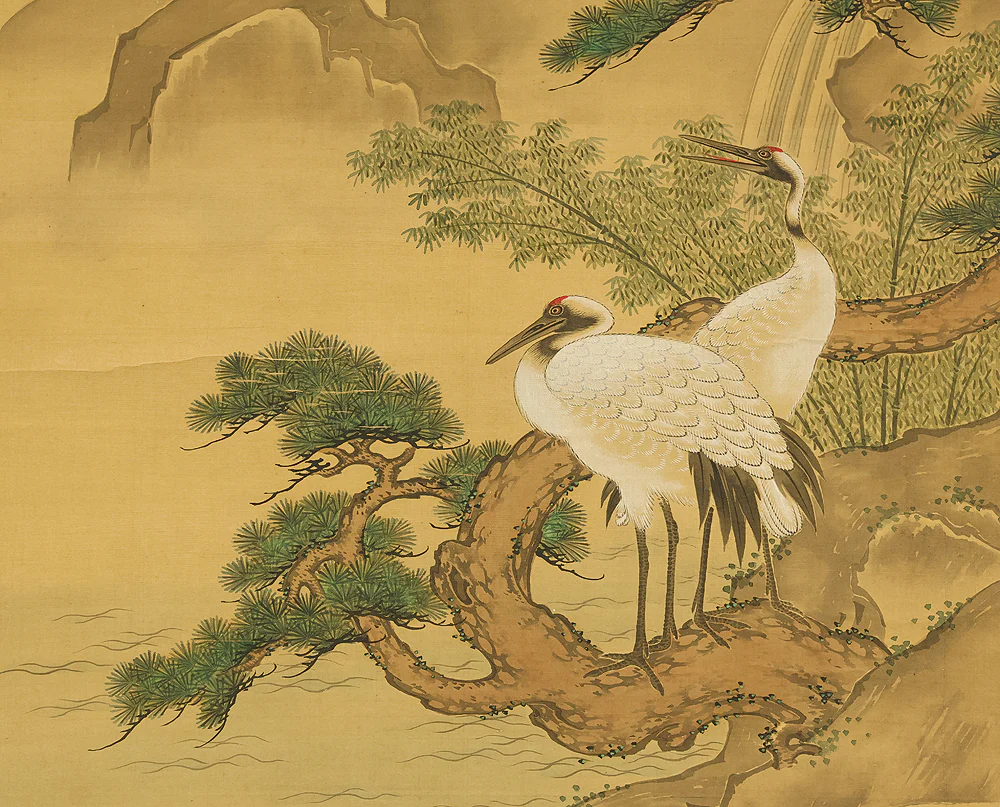 土佐光貞 Tosa Mitsusada (1738-1806) Japanese antique art kakejiku kakemono wall hanging scroll / Mount Horai Pine Tree, Cranes and Tortoise with Box RE227 - Image 9