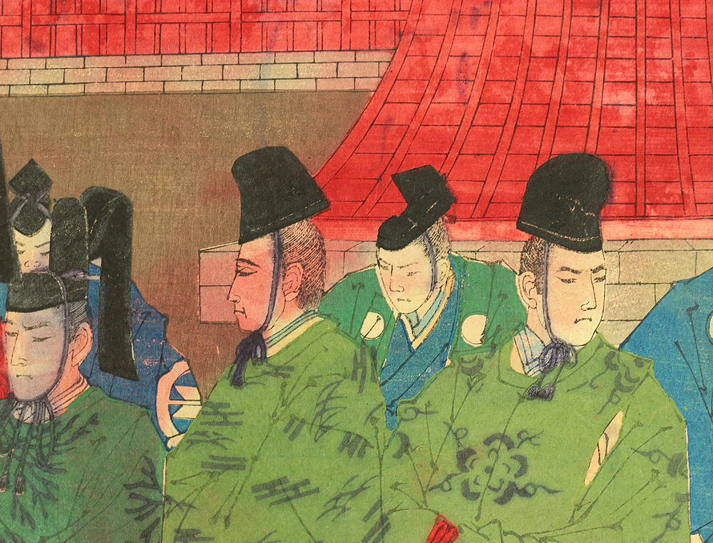 東洲勝月 Toshu Shogetsu (1849-1895) Japanese antique art Original Triptych Woodblock prints (3) / Tokugawa Shogun Nikko Shasan 徳川将軍日光御社参 - 1889 OW263 - Image 10