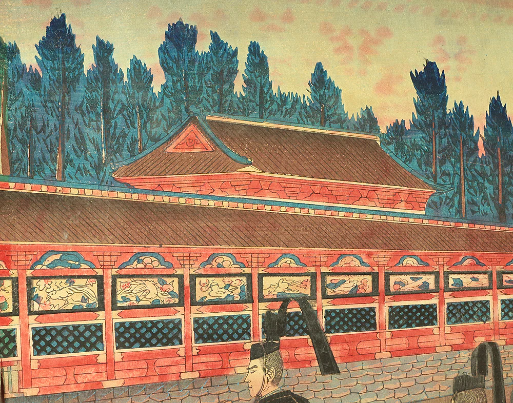 東洲勝月 Toshu Shogetsu (1849-1895) Japanese antique art Original Triptych Woodblock prints (3) / Tokugawa Shogun Nikko Shasan 徳川将軍日光御社参 - 1889 OW263 - Image 17