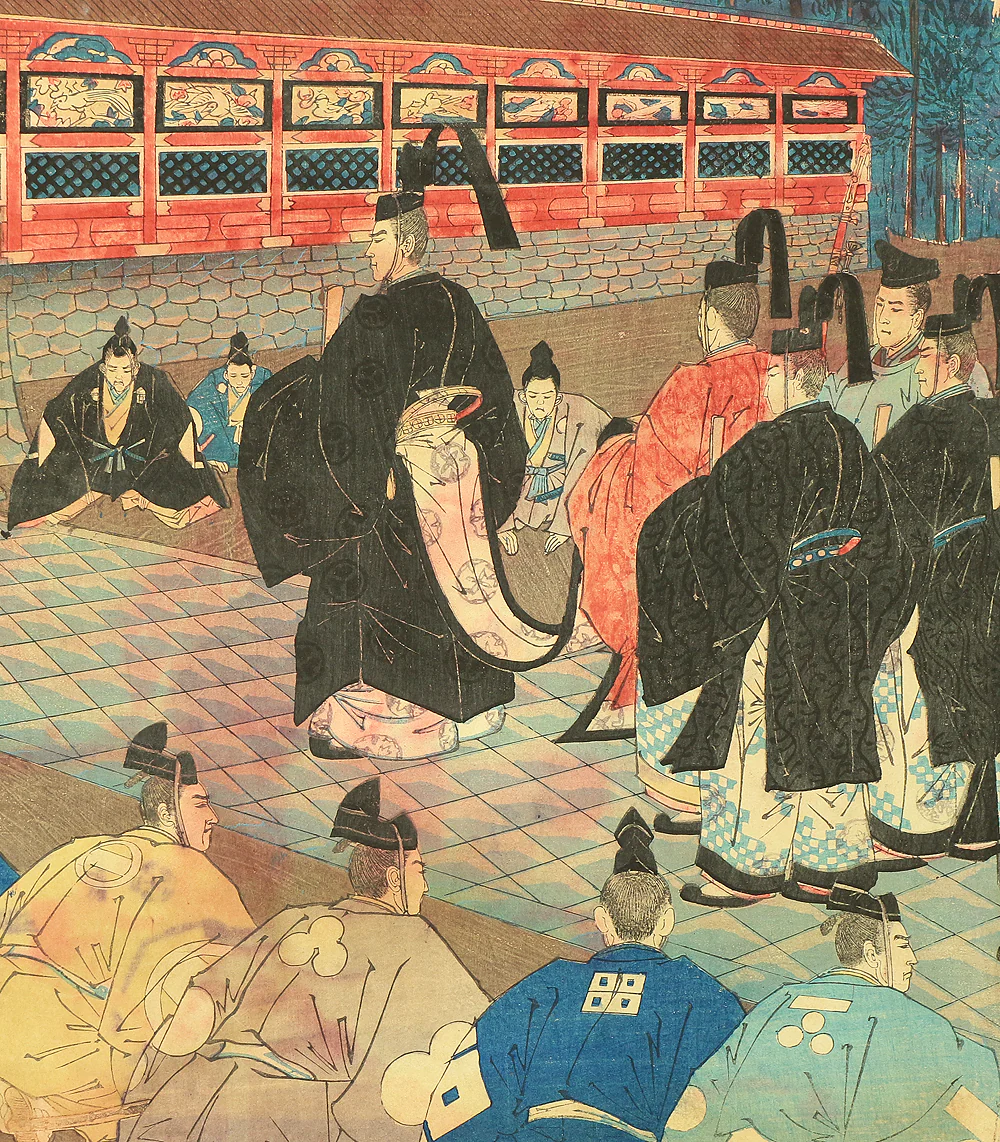 東洲勝月 Toshu Shogetsu (1849-1895) Japanese antique art Original Triptych Woodblock prints (3) / Tokugawa Shogun Nikko Shasan 徳川将軍日光御社参 - 1889 OW263 - Image 18