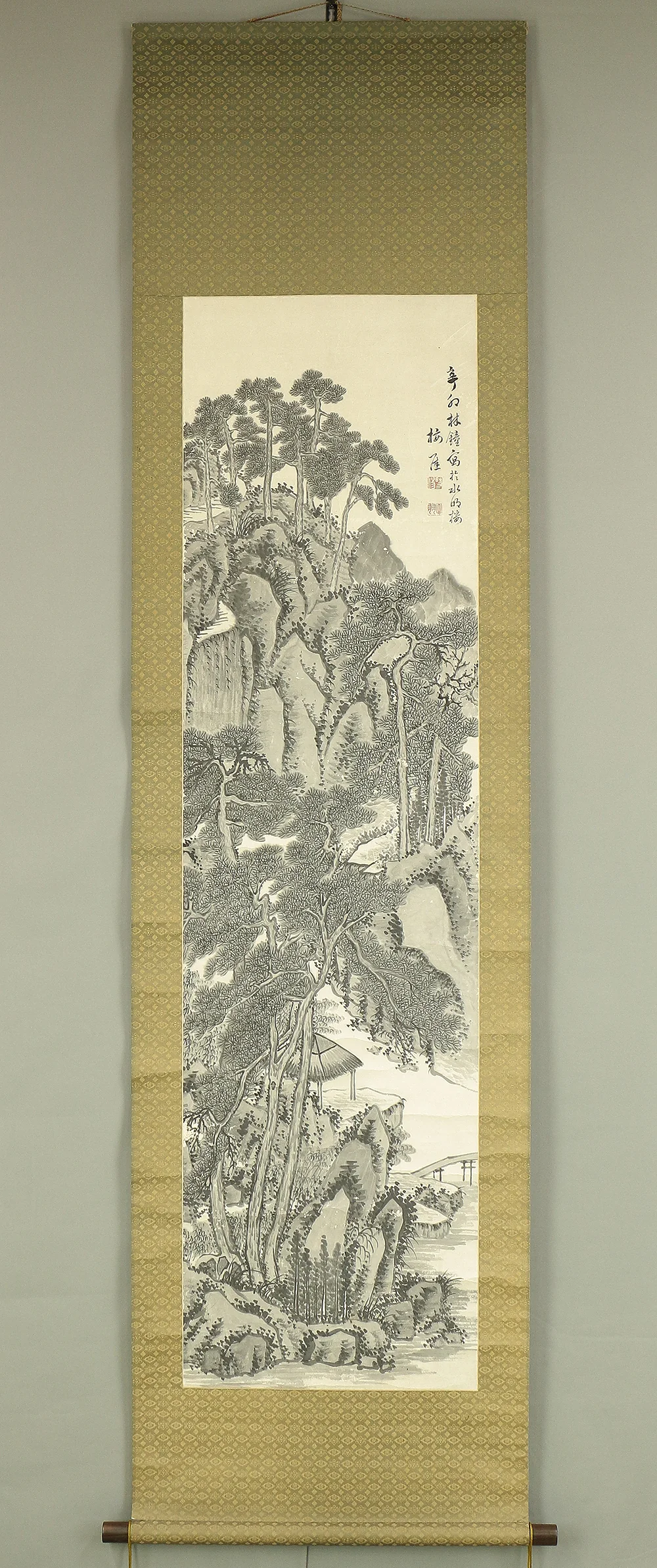 十時梅厓 Totoki Baigai (1749-1804) Japanese antique art kakejiku kakemono wall hanging scroll / Mountain, River, Pine, Bamboo, and Arbor Landscape RC746 - Image 2
