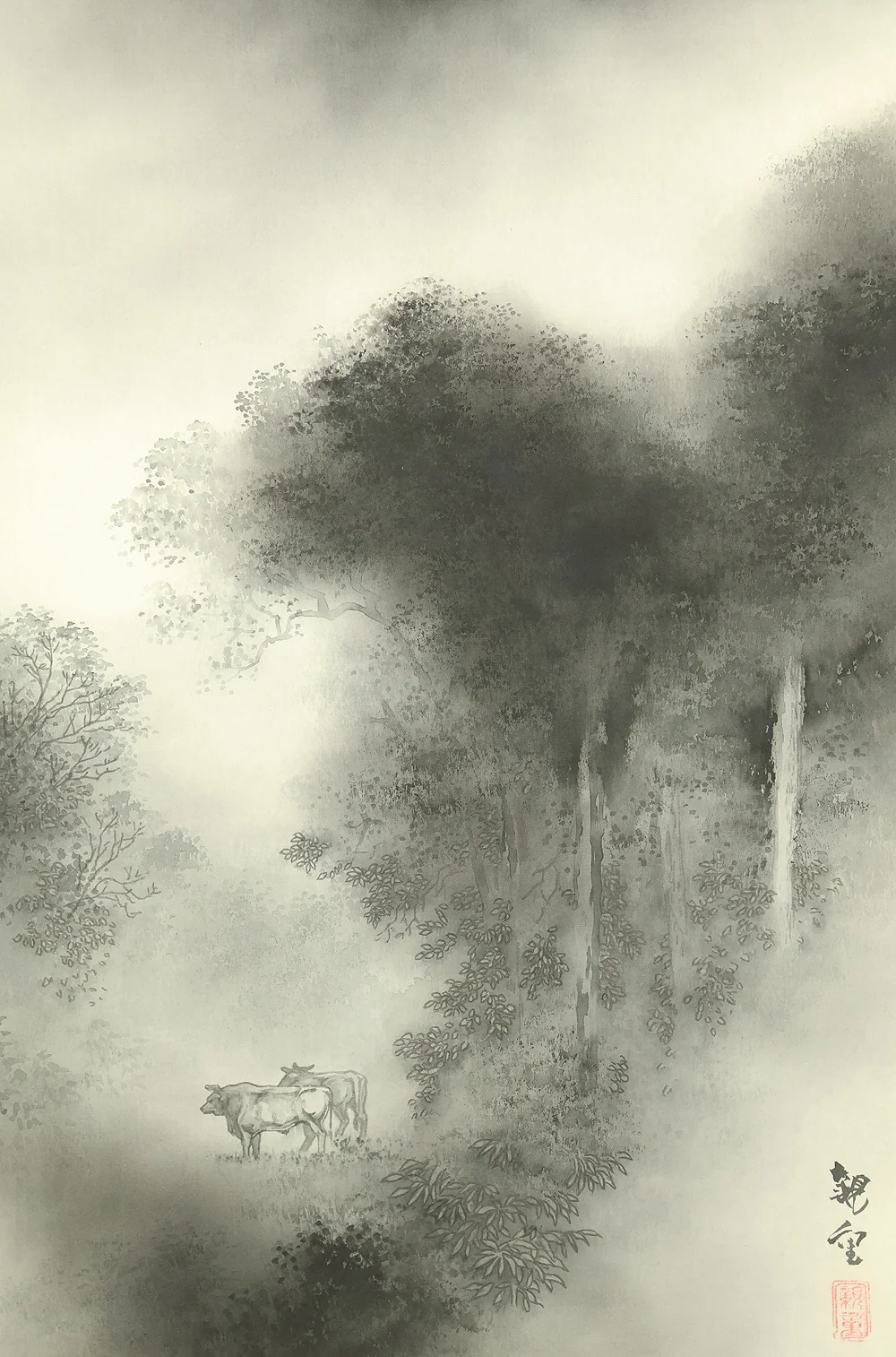 津田親重 Tsuda Chikashige (b1953) Japanese art kakejiku kakemono wall hanging scroll / Red Mt. Fuji, Misty Mountains, and Cattle Standing in Pasture with Original Box (Tomobako) RD842 - Image 9