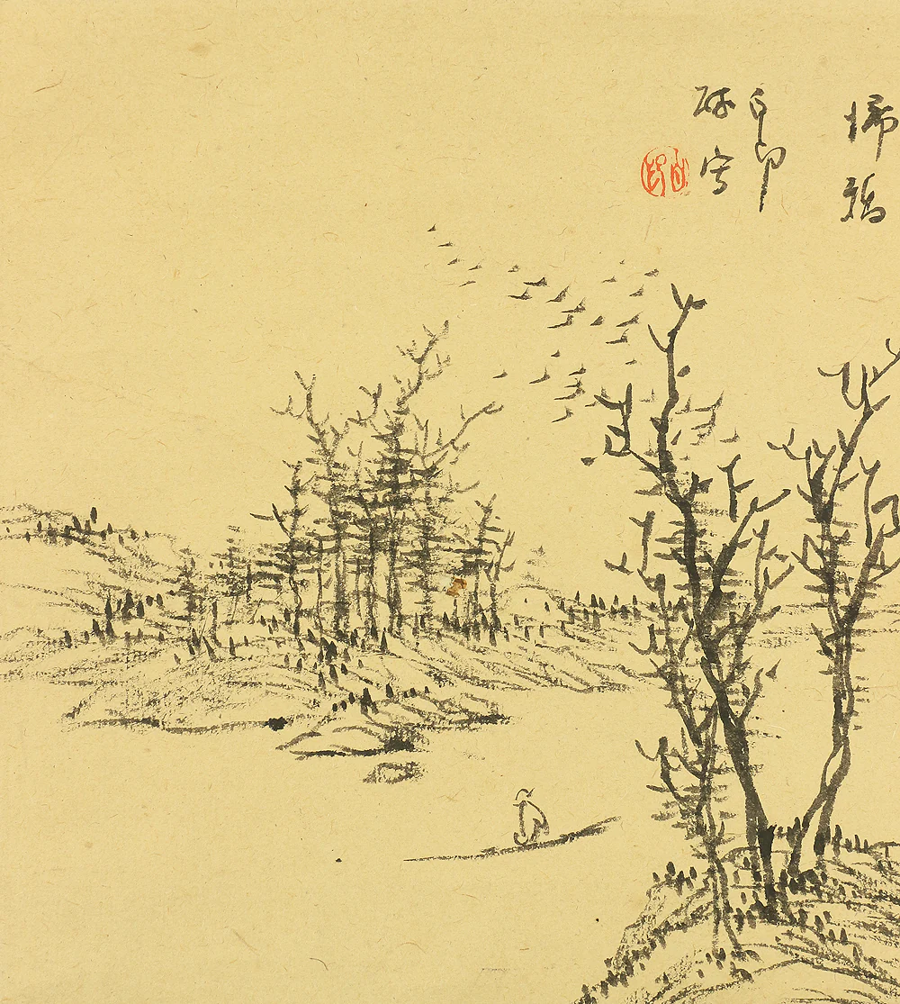 津田白印 Tsuda Hakuin (1862-1946) Japanese art kakejiku kakemono wall hanging scroll / 枯林帰鴉 Dead Trees and Crows Going Back to Mountains Boating River Landscape Sansui RB247 - Image 10