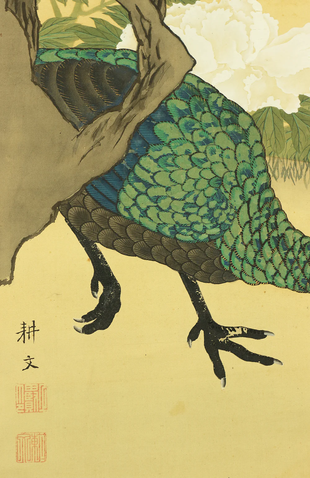 上田耕文 Ueda Kobun (b1886) Japanese art kakejiku kakemono wall hanging scroll / Peafowl and Peony with Original Box (Tomobako) RB941 - Image 15