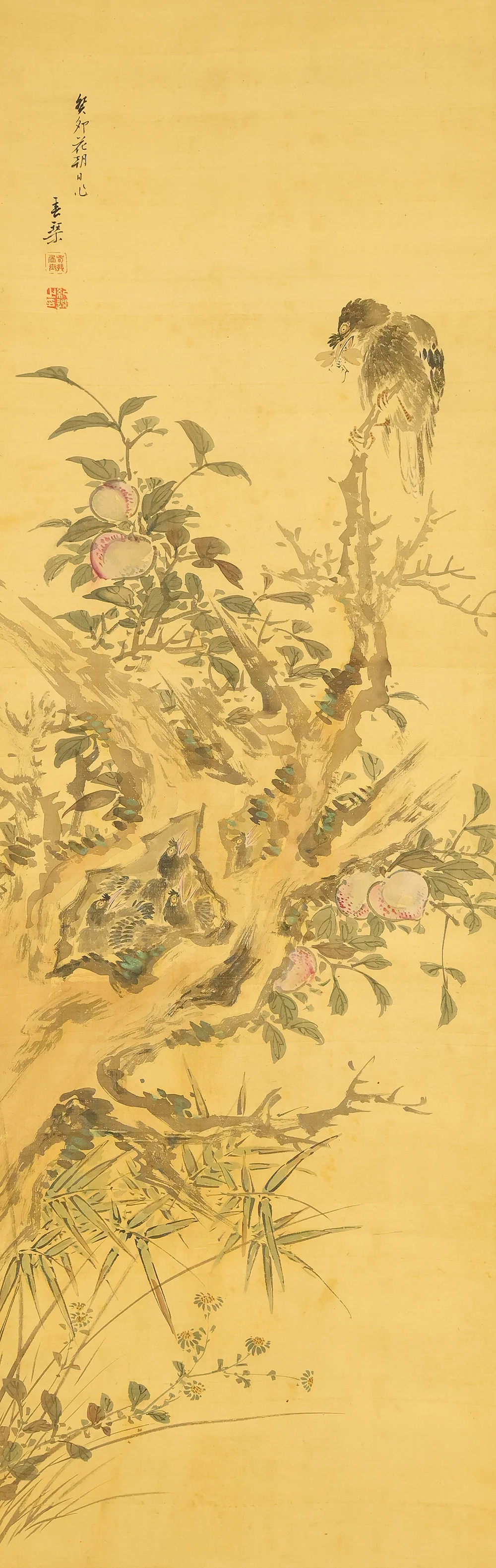 浦上春琴 Uragami Shunkin (1779-1846) Japanese antique art kakejiku kakemono wall hanging scroll / Peach Tree and Mountain Birds Raising Young RE424 - Image 4