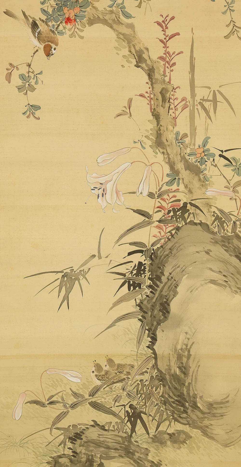 浦上春琴 Uragami Shunkin (1779-1846) Japanese antique art kakejiku kakemono wall hanging scroll / Two Sparrows Perched on Pomegranate Tree, Sparrow Chicks, Lily Flower with Box RE616 - Image 18