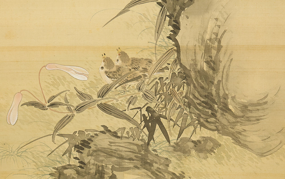 浦上春琴 Uragami Shunkin (1779-1846) Japanese antique art kakejiku kakemono wall hanging scroll / Two Sparrows Perched on Pomegranate Tree, Sparrow Chicks, Lily Flower with Box RE616 - Image 23