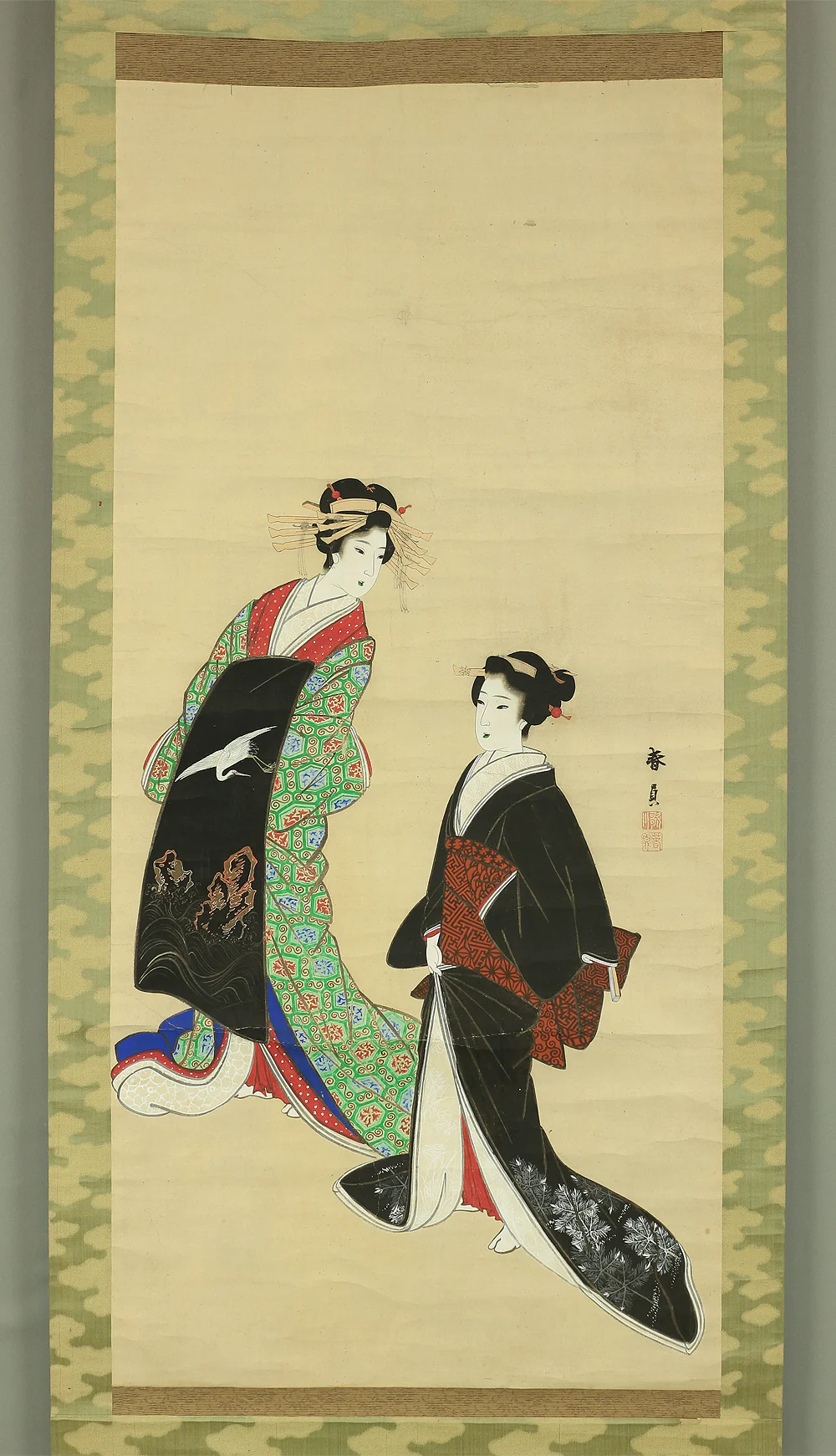 歌川春貞 Utagawa Harusada (1830-1887) Japanese antique art kakejiku kakemono wall hanging scroll / Bijin-ga Ukiyo-e Two Beautiful Women A282 - Image 3