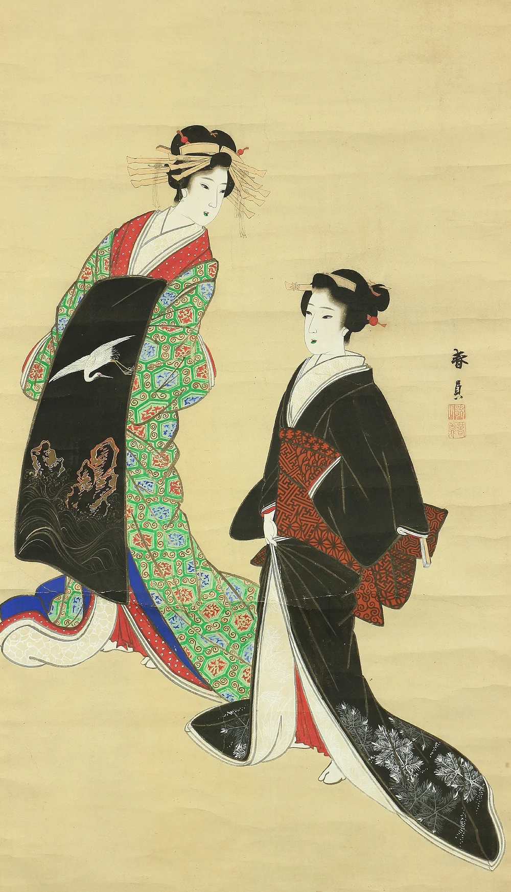 歌川春貞 Utagawa Harusada (1830-1887) Japanese antique art kakejiku kakemono wall hanging scroll / Bijin-ga Ukiyo-e Two Beautiful Women A282 - Image 5