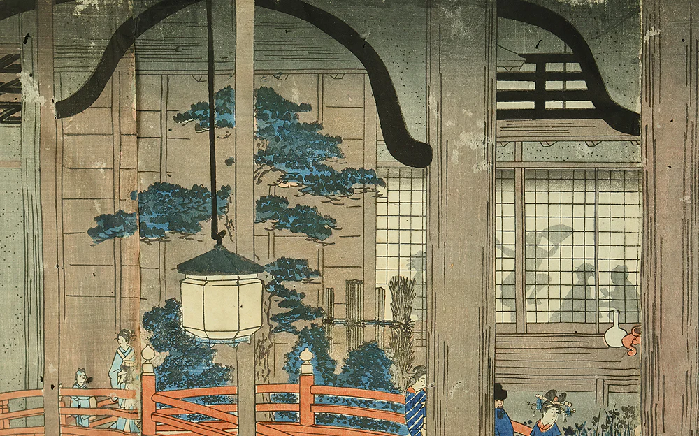 歌川広重 Utagawa Hiroshige (1797-1858) Japanese Triptych Original Ukiyo-e Woodblock print (3) / 'Yokohama Ganki Mikominozu' 横濱岩亀見込之図 (Yokohama's Pleasure Quarter) OW398 - Image 14
