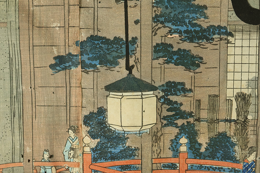 歌川広重 Utagawa Hiroshige (1797-1858) Japanese Triptych Original Ukiyo-e Woodblock print (3) / 'Yokohama Ganki Mikominozu' 横濱岩亀見込之図 (Yokohama's Pleasure Quarter) OW398 - Image 16