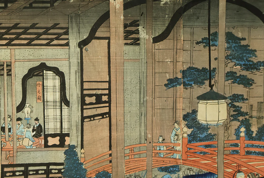 歌川広重 Utagawa Hiroshige (1797-1858) Japanese Triptych Original Ukiyo-e Woodblock print (3) / 'Yokohama Ganki Mikominozu' 横濱岩亀見込之図 (Yokohama's Pleasure Quarter) OW398 - Image 24