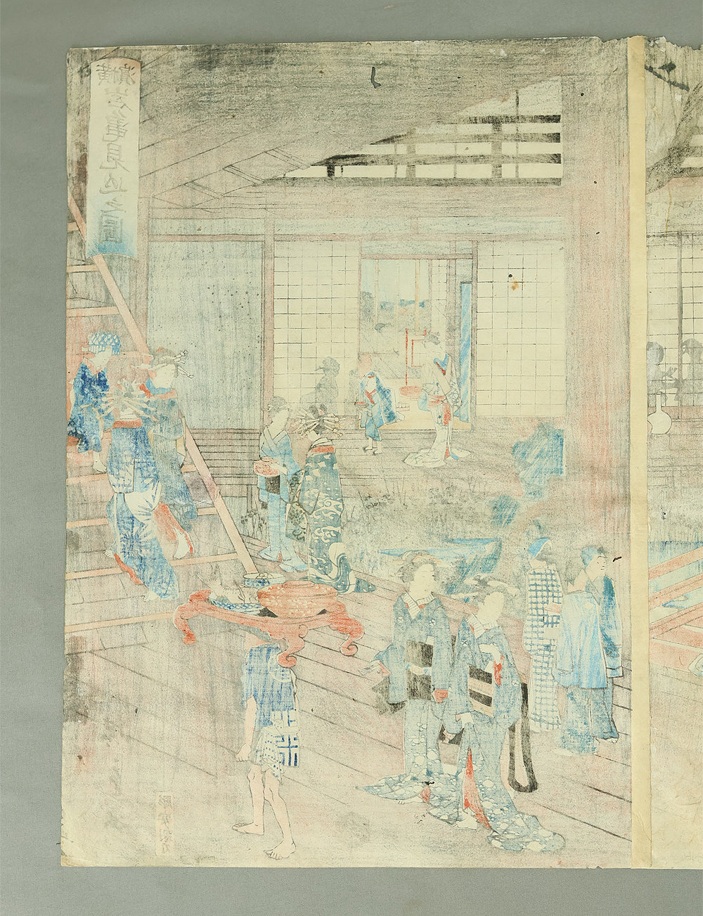 歌川広重 Utagawa Hiroshige (1797-1858) Japanese Triptych Original Ukiyo-e Woodblock print (3) / 'Yokohama Ganki Mikominozu' 横濱岩亀見込之図 (Yokohama's Pleasure Quarter) OW398 - Image 35