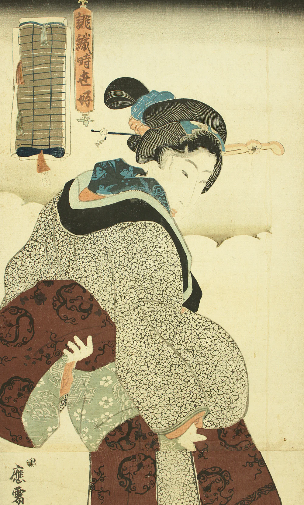歌川国貞 Utagawa Kunisada (1786-1865) Japanese antique art Original Ukiyo-e Vertical Diptych woodblock prints (2) / 誂織時世好 'Atsuraeorijiseigonomi' - Woman Adjusting her Obi OW299 - Image 3