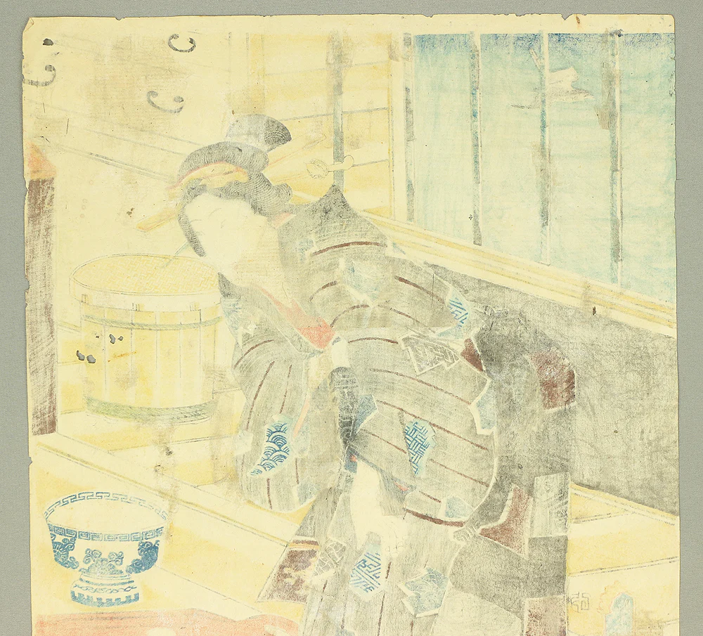 歌川国貞 Utagawa Kunisada (1786-1865) Japanese antique art Original Ukiyo-e woodblock print / 'Junikagetsu no Uchi Uduki Hatsu Hototogisu' 十二ヶ月之内 卯月・初時鳥 (Left of Triptych) - 1854 (Ansei 1) OW220 - Image 13