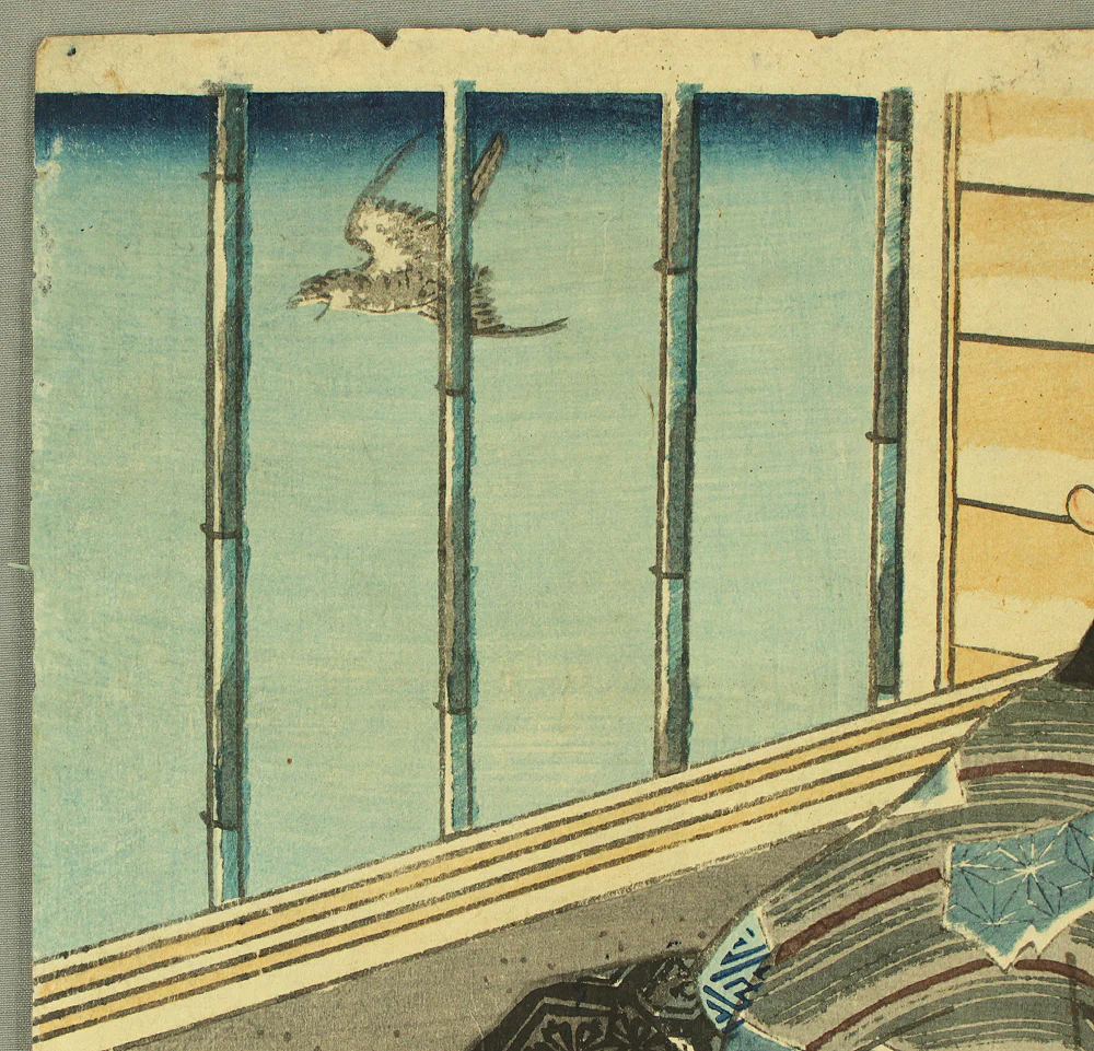 歌川国貞 Utagawa Kunisada (1786-1865) Japanese antique art Original Ukiyo-e woodblock print / 'Junikagetsu no Uchi Uduki Hatsu Hototogisu' 十二ヶ月之内 卯月・初時鳥 (Left of Triptych) - 1854 (Ansei 1) OW220 - Image 3