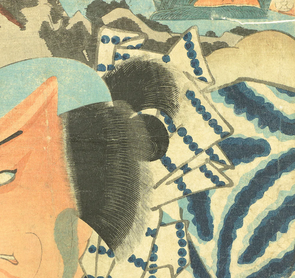 歌川国貞 Utagawa Kunisada (1786-1865) Japanese antique art Original Ukiyo-e woodblock print / 'Tokaido Gojusantugi no Uchi Sakanoshita Jirozo' 東海道五十三次の内 坂の下 次郎蔵 - 1852 (Kaei5) OW243 - Image 7