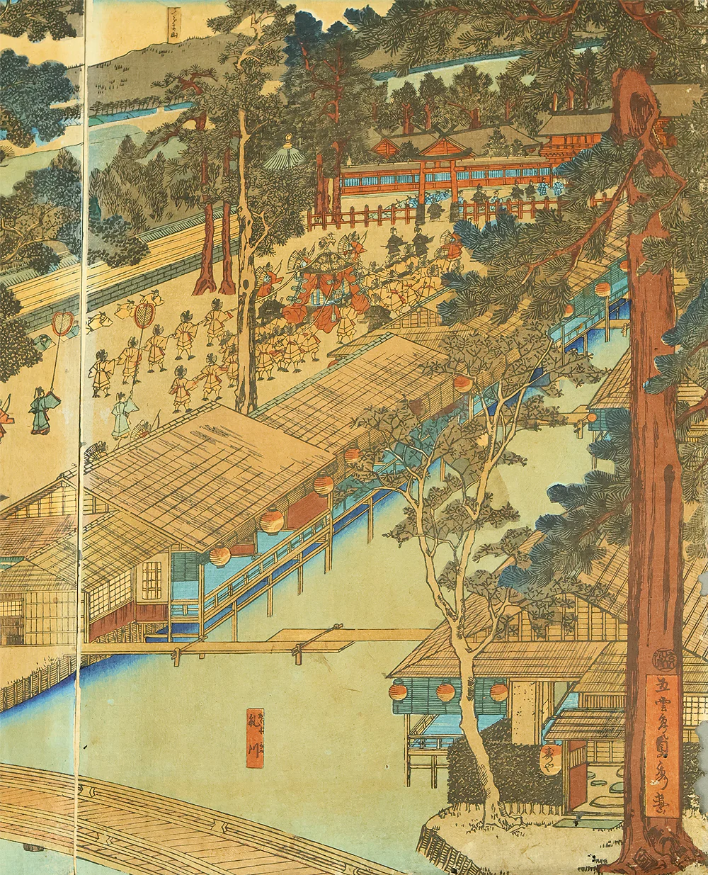歌川貞秀 Utagawa Sadahide (1807-1879) Japanese art Triptych Original Woodblock print (3) / 'Kyoto Shimogamo Tadasunomiori Shokei' 京都下加茂糺の森勝景 (Shimogamo Shrine in Kyoto) OW397 - Image 24