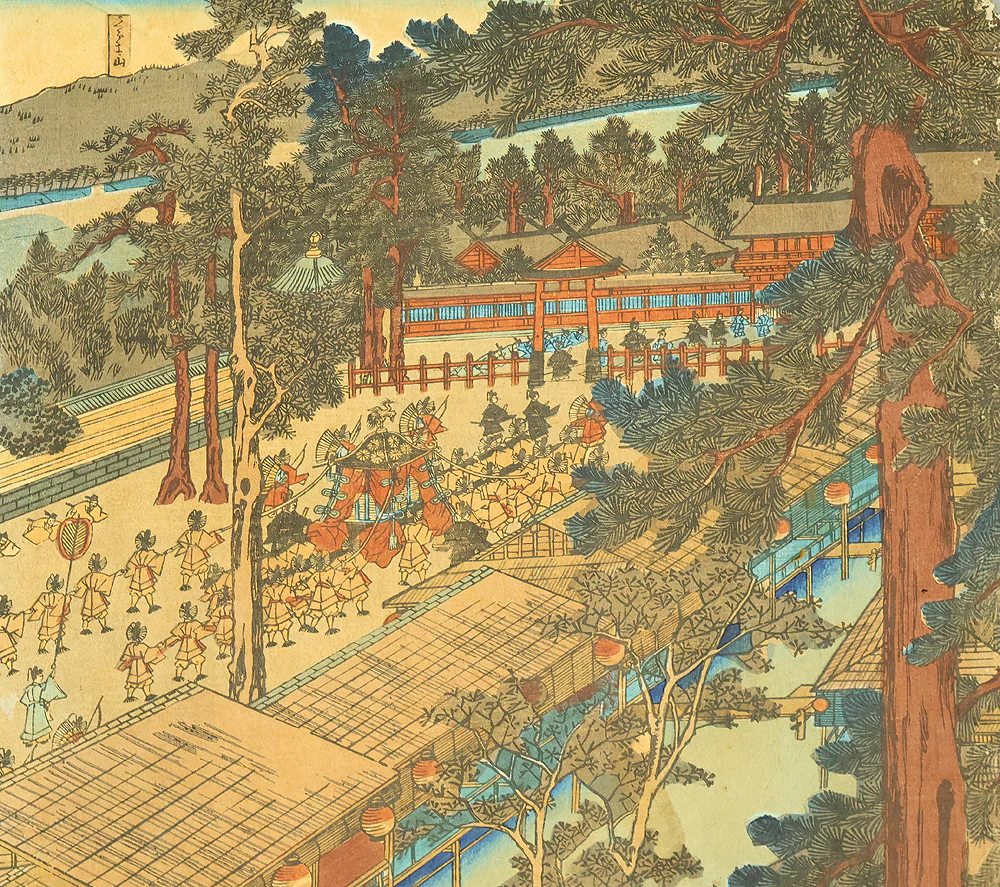 歌川貞秀 Utagawa Sadahide (1807-1879) Japanese art Triptych Original Woodblock print (3) / 'Kyoto Shimogamo Tadasunomiori Shokei' 京都下加茂糺の森勝景 (Shimogamo Shrine in Kyoto) OW397 - Image 25