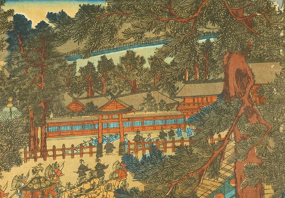 歌川貞秀 Utagawa Sadahide (1807-1879) Japanese art Triptych Original Woodblock print (3) / 'Kyoto Shimogamo Tadasunomiori Shokei' 京都下加茂糺の森勝景 (Shimogamo Shrine in Kyoto) OW397 - Image 26