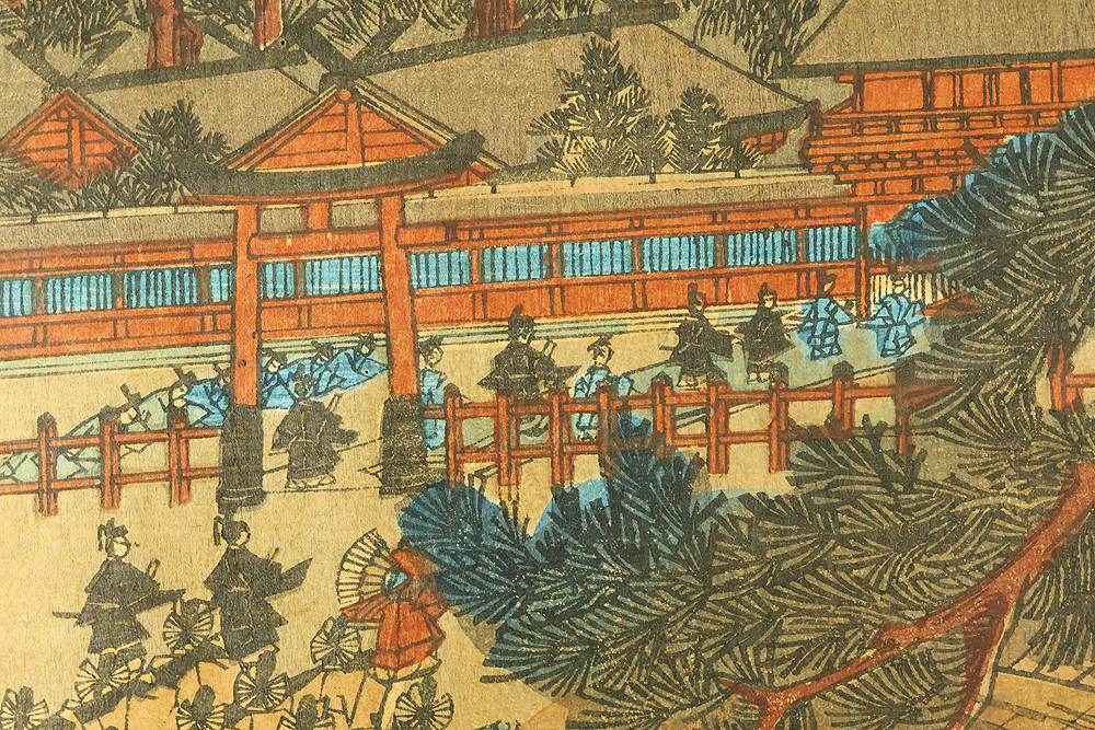 歌川貞秀 Utagawa Sadahide (1807-1879) Japanese art Triptych Original Woodblock print (3) / 'Kyoto Shimogamo Tadasunomiori Shokei' 京都下加茂糺の森勝景 (Shimogamo Shrine in Kyoto) OW397 - Image 27