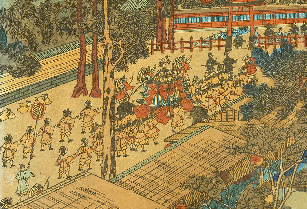 歌川貞秀 Utagawa Sadahide (1807-1879) Japanese art Triptych Original Woodblock print (3) / 'Kyoto Shimogamo Tadasunomiori Shokei' 京都下加茂糺の森勝景 (Shimogamo Shrine in Kyoto) OW397 - Image 28