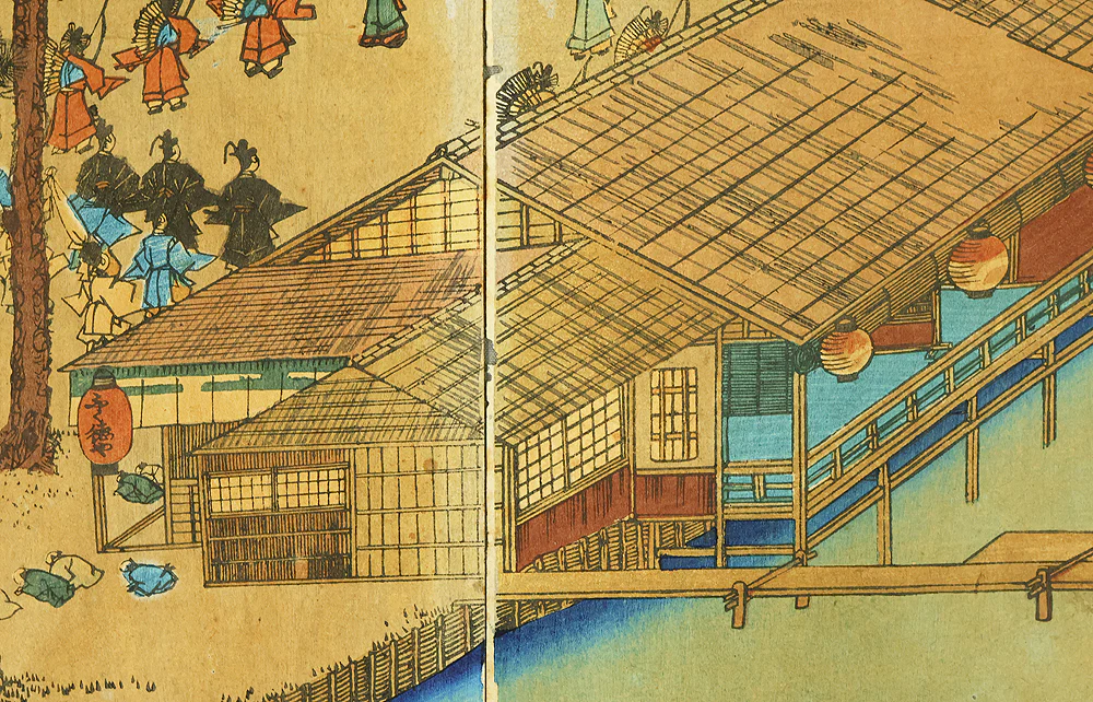 歌川貞秀 Utagawa Sadahide (1807-1879) Japanese art Triptych Original Woodblock print (3) / 'Kyoto Shimogamo Tadasunomiori Shokei' 京都下加茂糺の森勝景 (Shimogamo Shrine in Kyoto) OW397 - Image 31