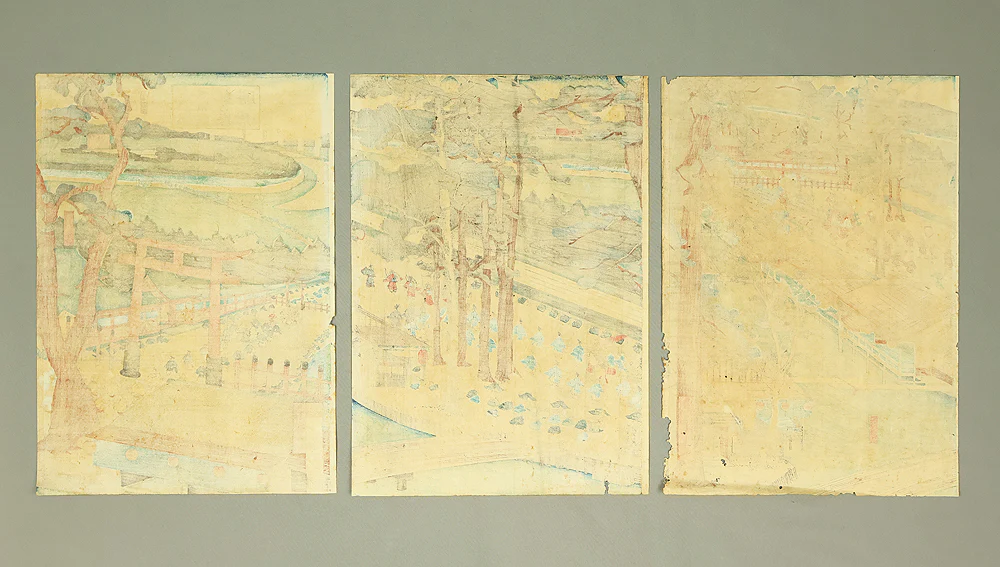 歌川貞秀 Utagawa Sadahide (1807-1879) Japanese art Triptych Original Woodblock print (3) / 'Kyoto Shimogamo Tadasunomiori Shokei' 京都下加茂糺の森勝景 (Shimogamo Shrine in Kyoto) OW397 - Image 38